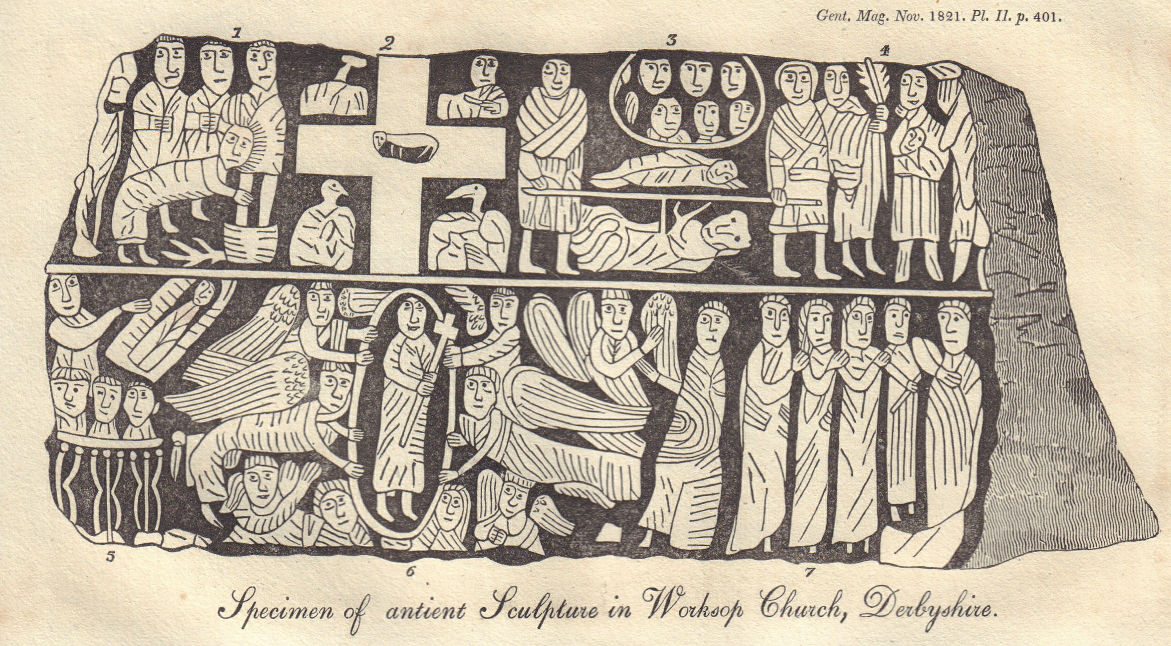 Ancient stone carving in St Mary the Virgin church, Wirksworth, Derbyshire 1821